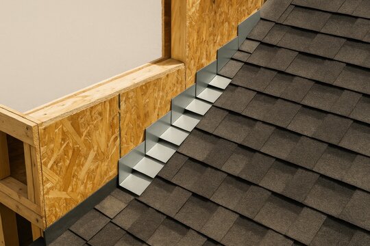 Step metal flashing installed at roof to wall junction, showing layered shingles and precise waterproof construction detail
