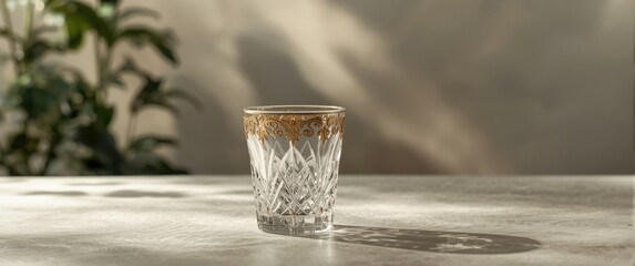 Upside-down decorative glass captured vertically with reflection on table, featuring pattern, texture, design, nature, art, gold, lighting, paint