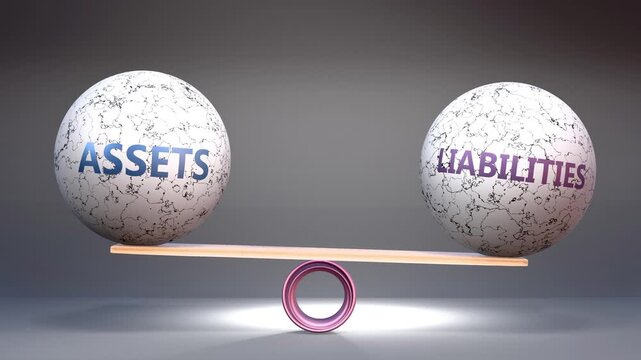 Assets and liabilities in balance - balancing stones on a scale symbolizing harmony, equity and equilibrium between assets and liabilities. Harmonious and beneficial situation.