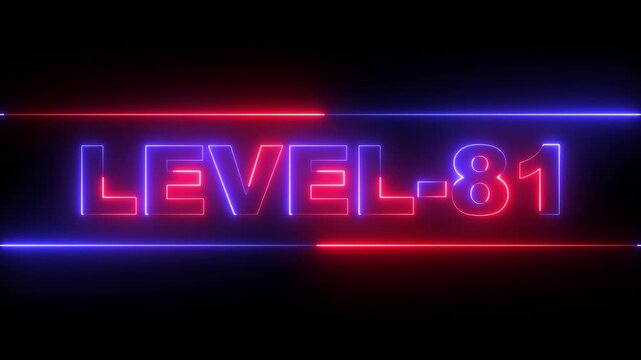 glowing neon Level-81 text inside a horizontal banner on black background. level 81 text icon animation. Neon level up sign. neon next Level text. Game concept next level. 4k video animation.