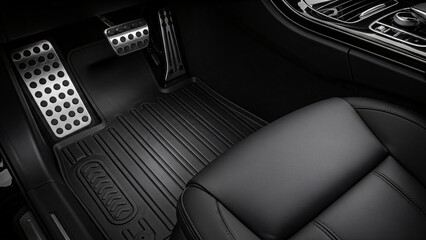 Modern luxury car interior with pedal covers and custom floor mats
