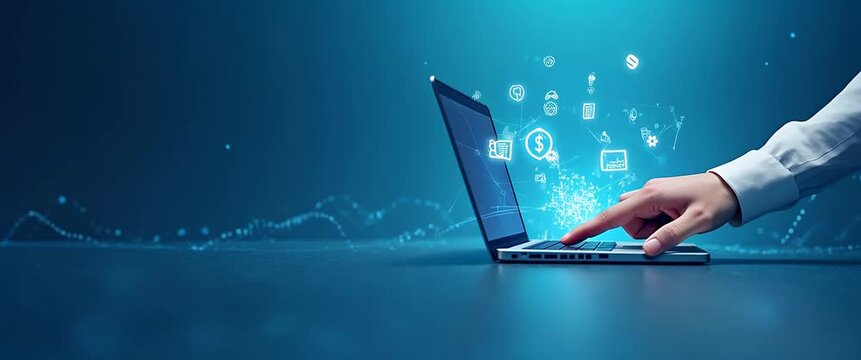 Futuristic technology interface: A hand navigates a laptop with digital graphics in motion, as the camera pans slowly, creating a cinematic, immersive tech environment.