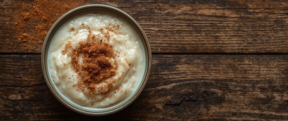 Cinnamon-topped rice milk pudding in a bowl on wooden kitchen table, top view