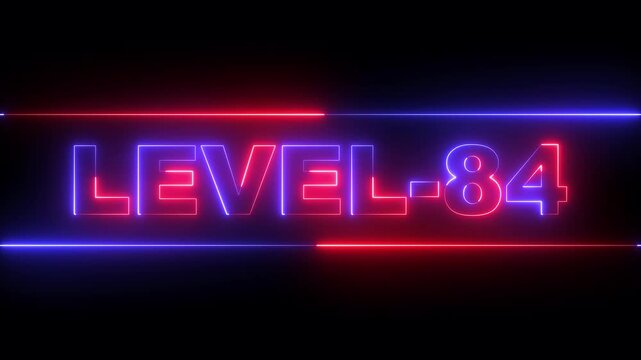 glowing neon Level-84 text inside a horizontal banner on black background. level 84 text icon animation. Neon level up sign. neon next Level text. Game concept next level. 4k video animation.
