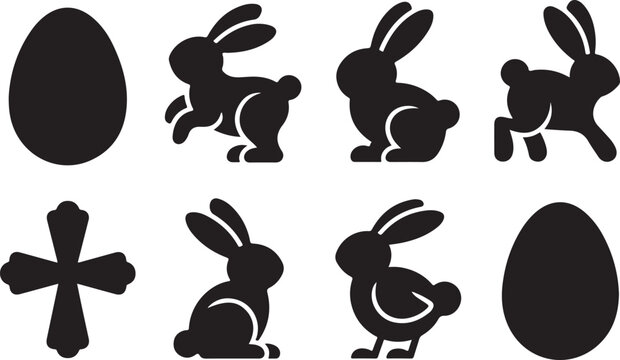Eight black silhouette Easter icons including eggs, bunnies, and a cross on white background Keywords: Easter, egg, bunny, rabbit, cross, silhouette, black and white, illustration, holiday