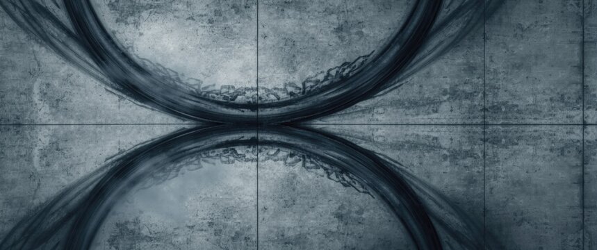 Top-down aerial view of tire marks on cement floor as background with detailed texture