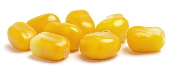 Fototapeta premium The Corn Kernels Closeup on White Background Bright Yellow Fresh Studio Shot