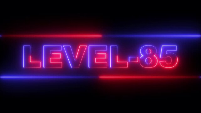 glowing neon Level-85 text inside a horizontal banner on black background. level 85 text icon animation. Neon level up sign. neon next Level text. Game concept next level. 4k video animation.