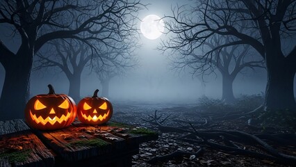 Eerie halloween night in a haunted forest with jack-o'-lanterns