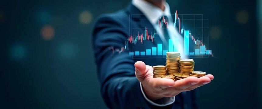 Businessman presenting stacked coins in open hand as stock market graphs animate in background, with camera executing a smooth pan in a cinematic, financial-themed scene.
