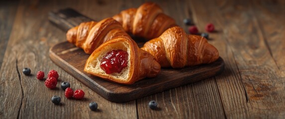 Delicious croissants with fruit jam served on an antique table