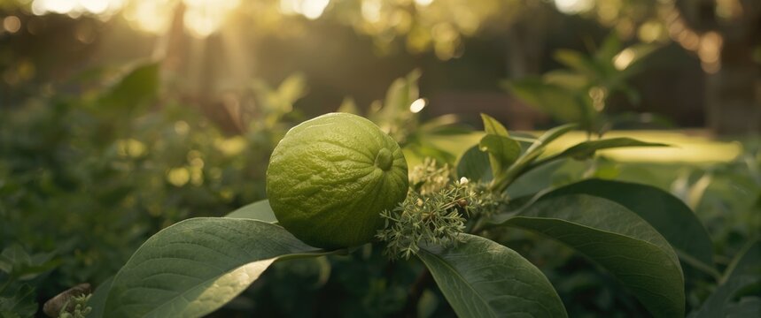 Garden scene featuring a Kaffir Lime (Makrut Lime, Thai Lime, Mauritius Papeda)