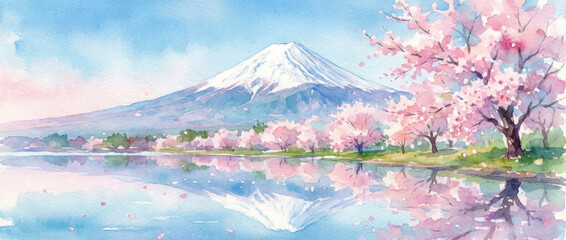 富士山と桜と湖が美しい日本の春。水彩イラスト背景