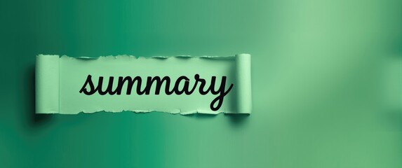 Conceptual summary word written on ripped paper piece against green background with space for copy