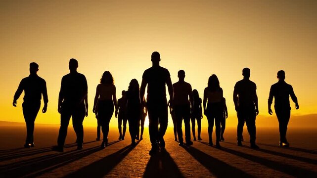 A group of people walking together in unison towards a vibrant sunset