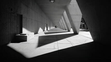 Architectural Geometry A Study in Light and Shadow in a Concrete Hallway.