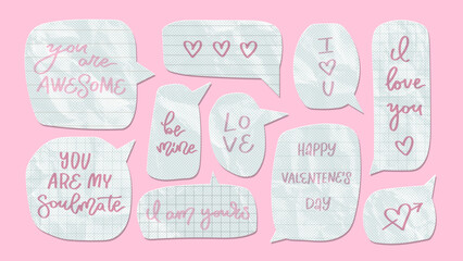 Lovely quotes on notebook paper cut speech bubbles with a wrinkled crumpled texture and shadow. Realistic crumpled paper mockup with felt-tip pen lettering. Cutout edges. Notebook page design. Vector