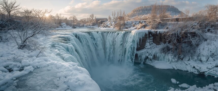 Spectacular icy waterfall in Kamianets-Podilskyi city, western Ukraine