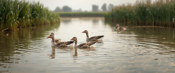 Farm geese paddling in muddy water, isolated animal, adorable bird with feathers, Chinese culinary delicacy