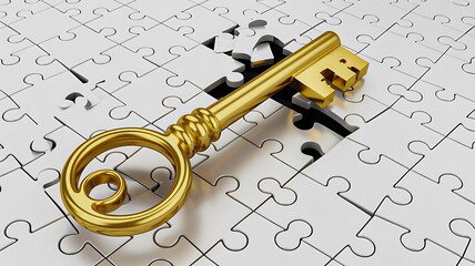 Golden key on puzzle background symbolizing solution and success
