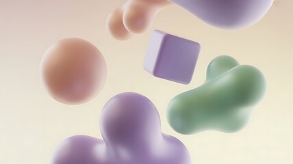 3D rendered geometric shapes in soft pastel colors, including spheres and irregular forms, floating in a pale gradient background in shades of beige and purple.