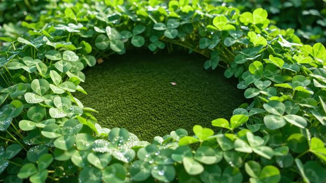 Cinematic dark emerald textured background encircled by fresh vibrant green clover leaves creating a natural circular organic border frame perfect for Saint Patrick's Day celebration design.