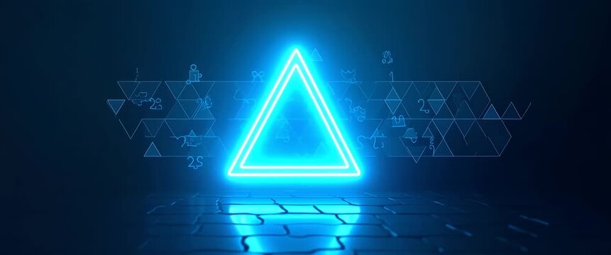 Neon triangle pulses with rhythmic energy, while the camera slowly pans across a futuristic digital landscape; blue hues create a cinematic, high-tech atmosphere with dynamic visual elements.