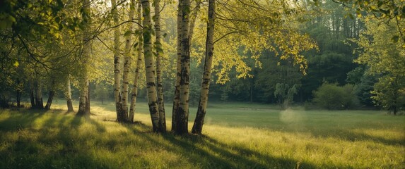 Sunrise or sunset over a spring birch forest with fresh leaves and shadows, captured in a classic film-style countryside setting