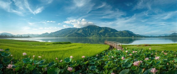 Serene lagoon waters reflect the clear blue sky, encircled by verdant green mountains, a picturesque grassy field, wooden bridges connecting terraced hills, and a peaceful setting