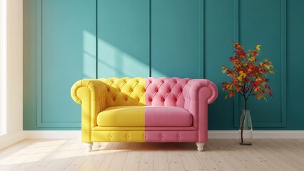 Vibrant split-colored sofa against teal wall with autumnal decor