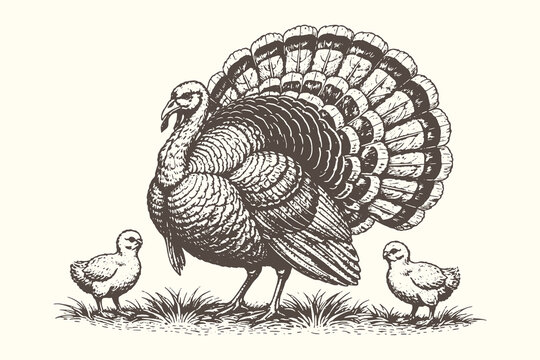 Large turkey with its young chicks walking in a field in vintage hand-drawn line art engraving style, farm poultry nature vector illustration for design.