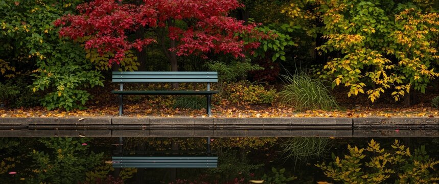 Lithia Park bench in Ashland, Oregon during Fall, showcasing colorful leaves and pond reflection