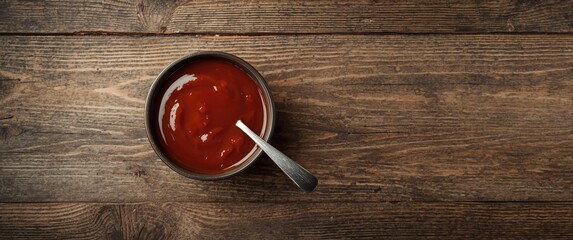 Savory barbeque sauce in a bowl and spoon placed on wooden surface, top view
