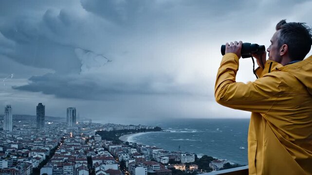 Man watches storm with lightning over coastal city from rooftop viewpoint. Observer uses binoculars watching thunderstorm over ocean. Man observes storm approaching city coastline with lightning.