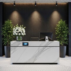 Modern reception desk with marble countertop and greenery