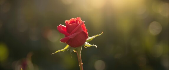 Morning sunshine illuminating a red rosebud in closeup