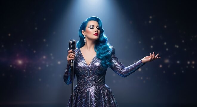Glamorous singer with blue hair performs under spotlights.