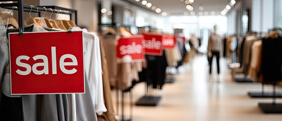 Several red sale signs are seen in a fashion store with mannequins showcasing clothing in the background