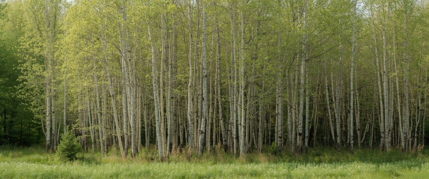 A young birch grove during spring, featuring light green leaves and a thicket of thin, white trunks with a textured pattern