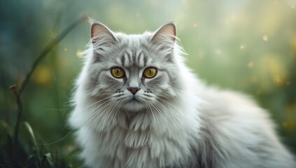 Close-up of a longhaired grey cat with yellow eyes, focusing on facial features for veterinary health check