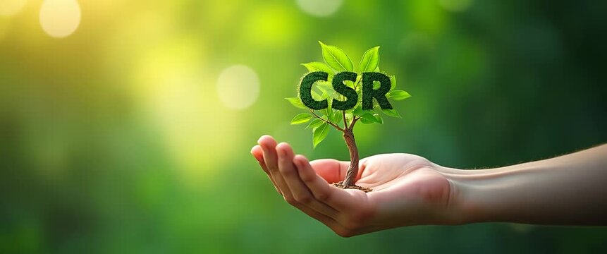 CSR icon hand business organization corporate responsibility green nature background community focus concept as Hand holding CSR icon on nature background highlights corporate giving back initiatives 