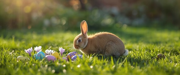 Garden Easter decor featuring eggs, grass, crocus, and Easter bunny in a natural meadow setting