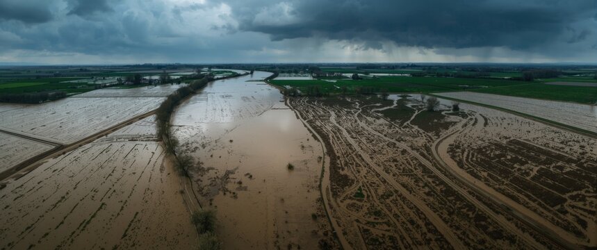 Bird's eye view of a flooded farmland with fields and a river spilling over after intense rainfall