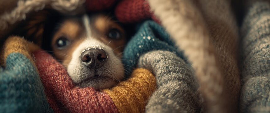 Nose of dog peeking through textures of sweaters and cozy clothes