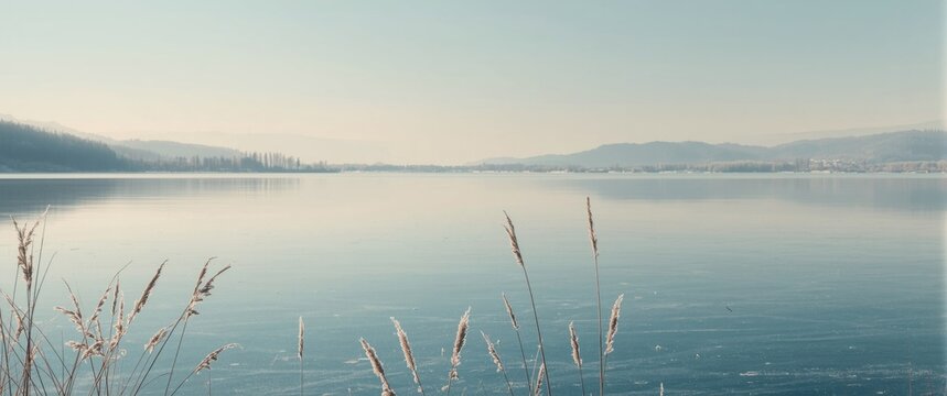 Winter Scene of Starnberger Lake on a Cold December Day with Blue Sky, Frozen Surface, and Calm Water in Upper Bavaria