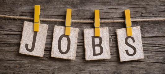 The Jobs Letters Hung on Burlap Cards with Clothespins over Wooden Background