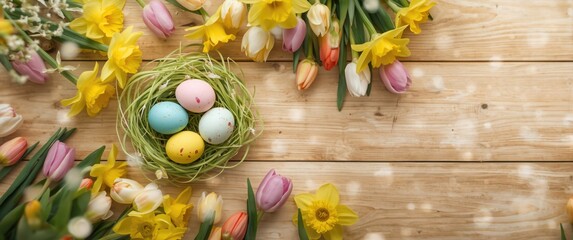 Easter eggs and spring flowers on a background with a top-down perspective and copy space