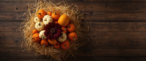 Colorful Mini Pumpkins and Burgundy Chrysanthemum on Hay, Rustic Barn Wood Background with Room for Text or Copy
