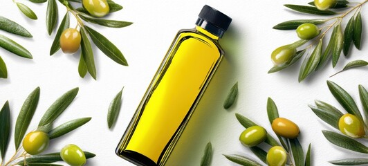 The Olive Oil Bottle Surrounded by Fresh Green Olives and Olive Leaves on White Background