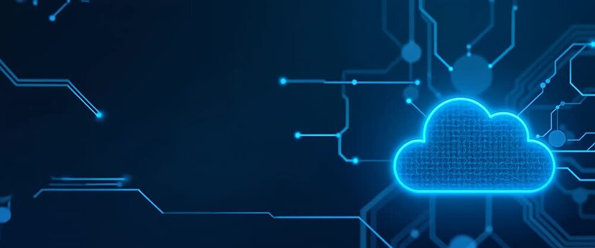 Glowing digital cloud icon with interconnected circuits, gently pulsing as the camera slowly pans across the futuristic, minimalist network interface, in a cinematic technology scene.